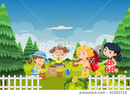 Happy people in the park gardening 92983518
