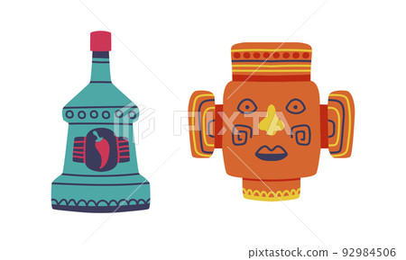 Mexican aztec mask and bottle of traditional Mexican alcohol drink cartoon vector illustration 92984506