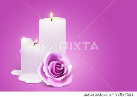 Realistic candles and rosebud on a purple background. Realistic candles and rosebud on a purple background. 92984521