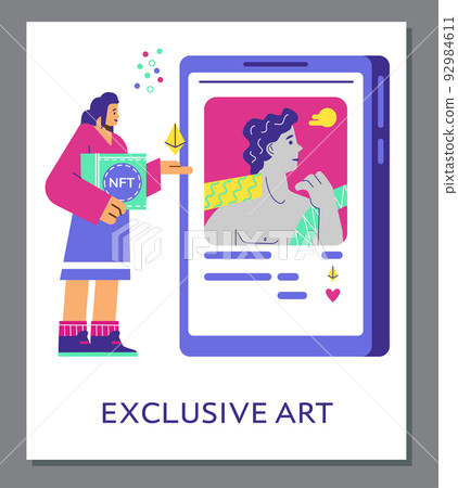 NFT exchange and exclusive crypto art stock exchange, flat vector illustration. NFT exchange and exclusive crypto art stock exchange, flat vector illustration. 92984611