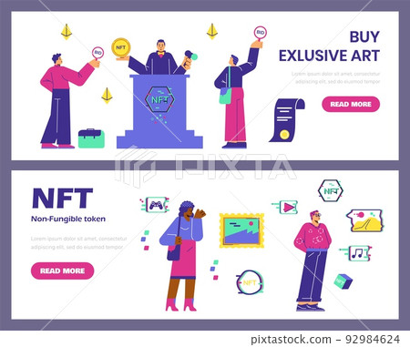NFT and crypto art auction, web banners set - flat vector illustration. NFT and crypto art auction, web banners set - flat vector illustration. 92984624