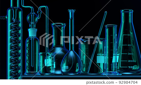 Glass chemistry lab equipment on blue background. Chemistry Lab concept. 3d  92984704