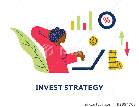 Woman developing invest strategy for her stock market portfolio, flat vector illustration isolated on white background. 92984705