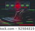 Fingers are typing data on the keyboard. hack security information to steal financial transaction data from mobile phones that are not secured or have poor protection 92984819
