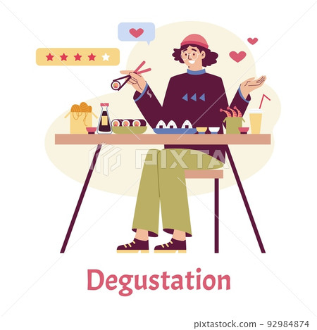 Happy man enjoys food in Japanese restaurant, flat vector illustration isolated on white background. 92984874