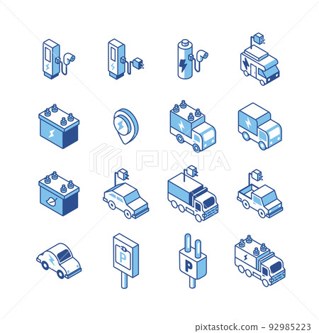 electric vehicle logo isometric flat line icons set. EV ECO clean energy technology icon. simple design vector 92985223