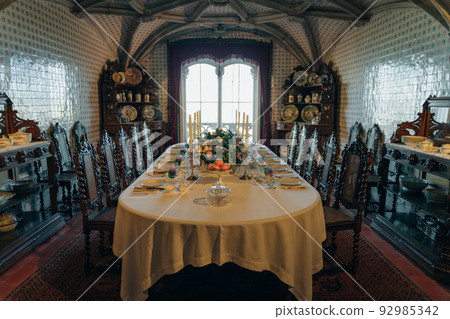 Dining room inside the Romanticist Pena Palace in Sintra, Portugal December 2021 Dining room inside the Romanticist Pena Palace in Sintra, Portugal December 2021 92985342
