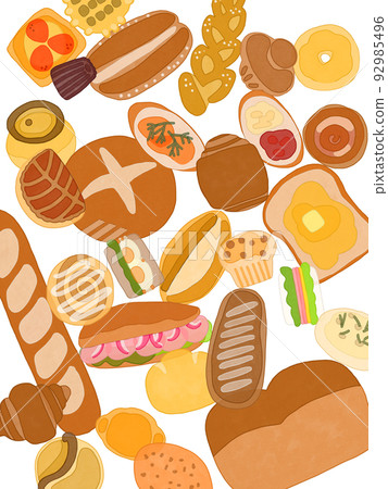 Bread background Watercolor style Various types of bread falling Bread background Watercolor style Various types of bread falling 92985496