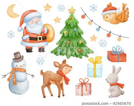 Cute Santa Claus, deer and snowman. Set of Watercolor Christmas illustrations isolated on white. 92985670