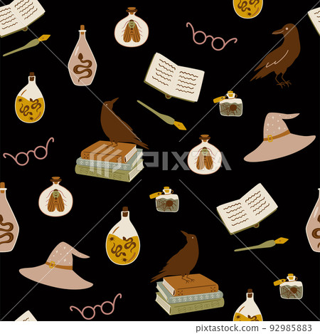 Witchcraft pattern. Dark academia mystical seamless pattern. Cute magic hand drawn background. Halloween elements. Magic hat, broom, potions, book raven hourglass. Vector illustration. Back to school. Witchcraft pattern. Dark academia mystical seamless pattern. Cute magic hand drawn background. Halloween elements. Magic hat, broom, potions, book raven hourglass. Vector illustration. Back to school. 92985883