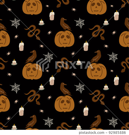 Halloween pumpkin dark pattern. Horror pumpkin, black Raven snake spider seamless pattern Black Halloween background. Hand drawn spooky card Dark academia print, packaging design. Vector illustration. Halloween pumpkin dark pattern. Horror pumpkin, black Raven snake spider seamless pattern Black Halloween background. Hand drawn spooky card Dark academia print, packaging design. Vector illustration. 92985886