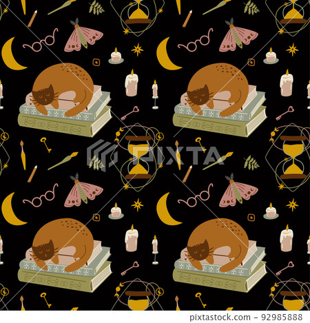 Back to school mystery pattern design. Dark Academia seamless print. Books, cat, library, hourglass, candles, moon, stationary, Witchcraft education design. Retro school paper. Vector illustration. Back to school mystery pattern design. Dark Academia seamless print. Books, cat, library, hourglass, candles, moon, stationary, Witchcraft education design. Retro school paper. Vector illustration. 92985888