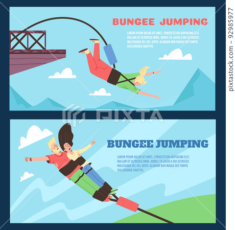 Bungee jumping flyers with people jump from height , flat vector illustration. Bungee jumping flyers with people jump from height , flat vector illustration. 92985977