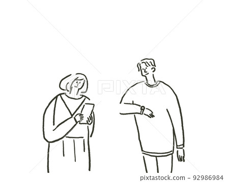 A young woman looking at a smartphone and a young man looking at a wristwatch (smartwatch), horizontal, line drawing A young woman looking at a smartphone and a young man looking at a wristwatch (smartwatch), horizontal, line drawing 92986984