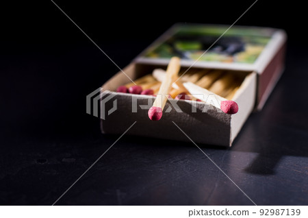 Top view of opened match boxes with burned matchsticks. Isolated on dark background Top view of opened match boxes with burned matchsticks. Isolated on dark background 92987139