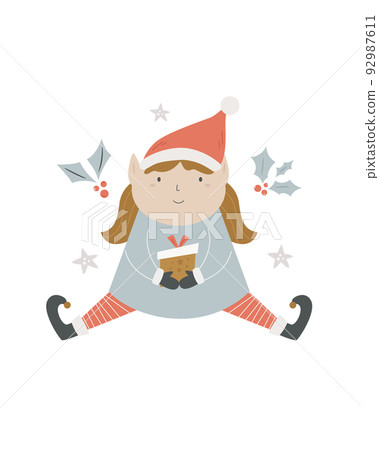 Christmas holiday card with funny elf girl in a winter hat. 92987611