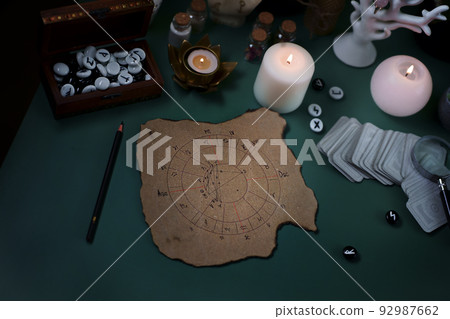 Concept of psychic advisor or ways of divination with cardsand astrology. Concept of psychic advisor or ways of divination with cardsand astrology. 92987662