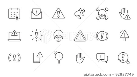 Alert, risk sign line icon set. Caution, warning, exclamation mark thin editable line stroke icon. Alert information, accident notification Alert, risk sign line icon set. Caution, warning, exclamation mark thin editable line stroke icon. Alert information, accident notification 92987749