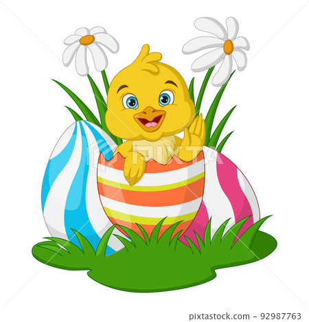 Cartoon little chick inside a cracked easter egg Cartoon little chick inside a cracked easter egg 92987763