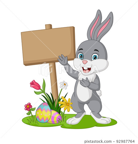 Cartoon little bunny with easter eggs, flowers and blank plank sign in the grass Cartoon little bunny with easter eggs, flowers and blank plank sign in the grass 92987764
