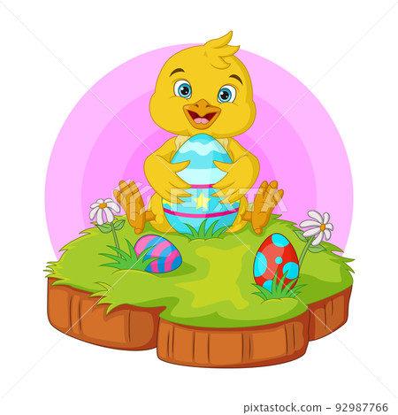 Cartoon little chick with easter egg in the grass Cartoon little chick with easter egg in the grass 92987766