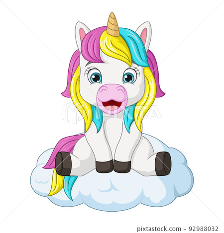 Cartoon little unicorn sitting on the clouds Cartoon little unicorn sitting on the clouds 92988032