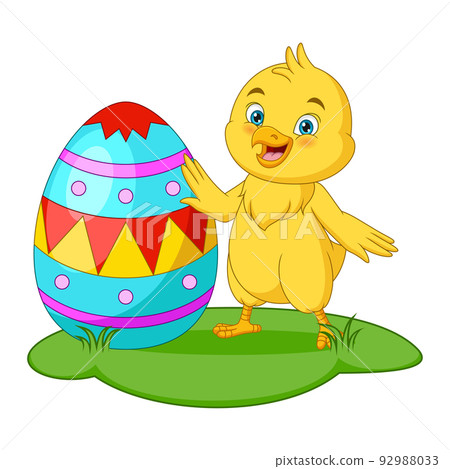 Cartoon little chick with big easter egg in the grass Cartoon little chick with big easter egg in the grass 92988033
