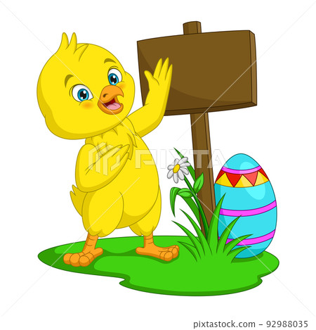 Cartoon little chick with easter eggs and blank plank sign in the grass Cartoon little chick with easter eggs and blank plank sign in the grass 92988035