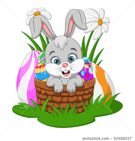Cute little bunny inside basket in the grass Cute little bunny inside basket in the grass 92988037