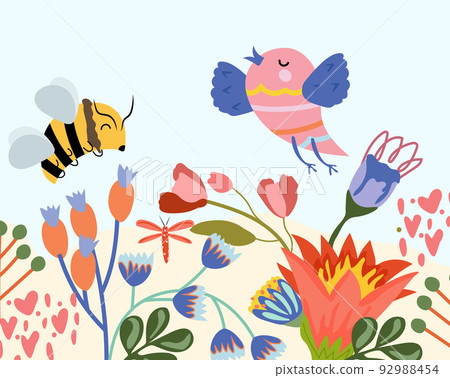 Vector cute illustration with wildflowers flowering meadow and honey bees and happy bird. Composition for your brand, label, postcard. Illustration. Vector cute illustration with wildflowers flowering meadow and honey bees and happy bird. Composition for your brand, label, postcard. Illustration. 92988454