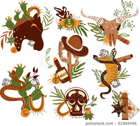 Set Wild west composition with cowboy hat, playing cards, an animal skull, a mystical snake, dice, gun and other. Further Old West in flat style. Vector illustration 92988486