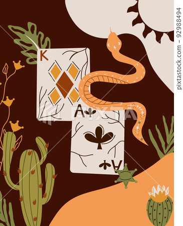 Wild west Texas poster with a playing cards, snake, cactus. Further Old West in flat style. Vector illustration Wild west Texas poster with a playing cards, snake, cactus. Further Old West in flat style. Vector illustration 92988494