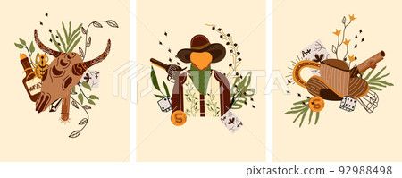 Set Wild west poster with a sheriff character in hat, an animal skull a bottle whiskey, cowboy hat, gun and other. Further Old West in flat style. Vector illustration. 92988498