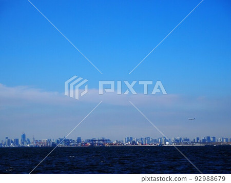 Airplane and capital just before landing 92988679