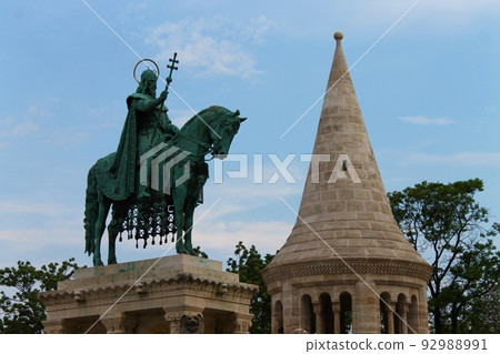 An old iron knight on the top of the Fisherman Bastion in Budapest An old iron knight on the top of the Fisherman Bastion in Budapest 92988991