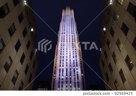 Pink illuminated skyscraper in New York City 92989425