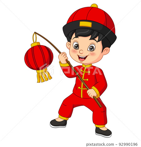 Cartoon happy boy holding chinese lantern Cartoon happy boy holding chinese lantern 92990196