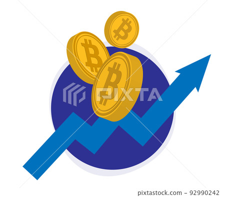 beautiful illustration of a dark blue circle with a shadow with a blue arrow and three bitcoin coins on it and on a white background. Digital virtual cryptocurrency. beautiful illustration of a dark blue circle with a shadow with a blue arrow and three bitcoin coins on it and on a white background. Digital virtual cryptocurrency. 92990242