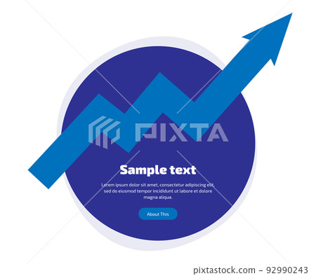 Beautiful illustration of a dark blue circle with a dark blue arrow on a white background. There is space for your text on the circle. Uptrend and rising price. Template for cover, flyer or banner 92990243