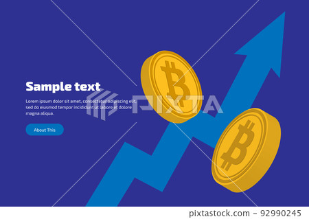 blue bitcoin growth arrow with two bitcoin coins on a dark blue background. On the left there is space for your text. Digital virtual cryptocurrency. Template for cover, flyer or banner. High quality 92990245