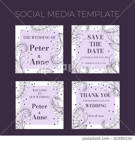 Floral wedding square social media template in hand drawn doodle style, invitation card design with line flowers, leaves, fern and dots. Vector decorative frame on white and lilac background. 92990320