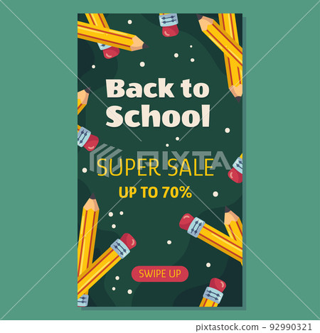 Back to school social media vertical template for sale with classic yellow pencil with eraser on it. The pencils are arranged in a circle against a green school chalkboard. Back to school social media vertical template for sale with classic yellow pencil with eraser on it. The pencils are arranged in a circle against a green school chalkboard. 92990321