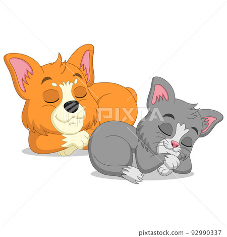 Cute cat and corgi dog cartoon sleeping Cute cat and corgi dog cartoon sleeping 92990337
