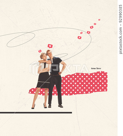 Contemporary art collage. Young stylish couple posing over beige background. Social media acquaintance, date 92990385