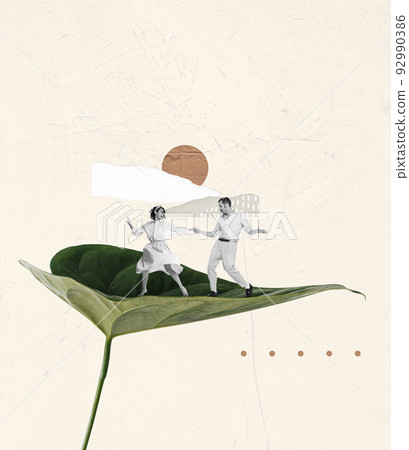 Contemporary art collage. Portrait of loving stylish couple dancing on flowers leaf. Retro, vintage style 92990386