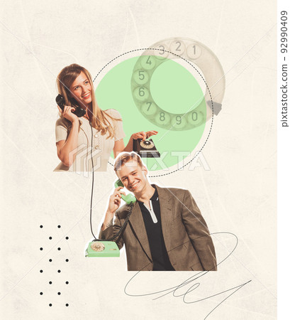 Contemporary art collage. Two cheerful people, young man and woman talking on phone with each other. Romantic talk 92990409