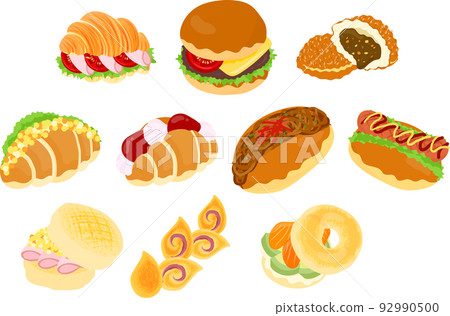 Cute bread icons that look delicious, such as croissant sandwiches, hamburgers, and hot dogs 92990500