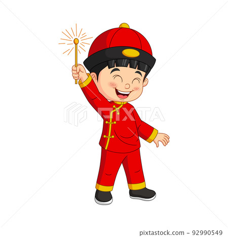 Cartoon chinese boy holding a sparklers Cartoon chinese boy holding a sparklers 92990549