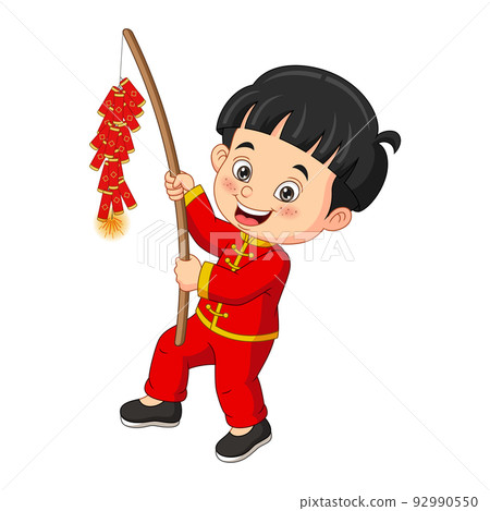 Cartoon chinese boy holding a firecracker 92990550
