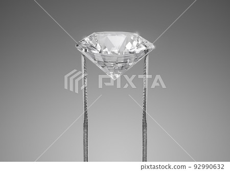 Shiny brilliant diamond placed on gray background in diamond tweezers. 3d render Shiny brilliant diamond placed on gray background in diamond tweezers. 3d render 92990632